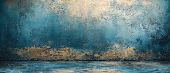 Poster - Textured blue wall with gold accents and a matching floor creating a moody abstract space