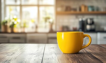 Wall Mural - Bright yellow coffee cup on wooden table in modern kitchen with natural light and blurred background