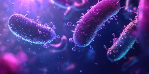 Poster - Microscopic view of vibrant bacteria in purple and blue hues, showcasing intricate details and textures of microbial life