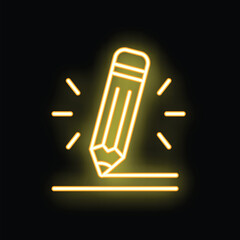 Poster - Yellow neon sign of a pencil writing a line, with light rays emanating from the point of contact