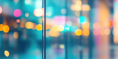 Poster - Abstract blurred background with colorful bokeh lights, reflections, and glass elements creating a vibrant urban atmosphere