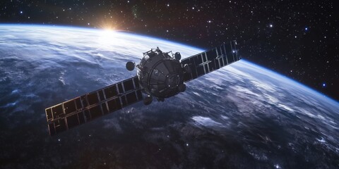 Poster - Satellite orbiting Earth with solar panels, view of planet and sunrise in background, showcasing space technology and exploration