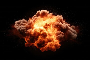 Poster - Fiery explosion with smoke and sparks on a black background creating a dramatic effect