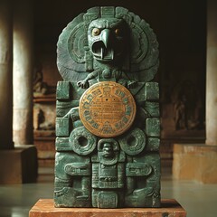 Poster - Striking Aztec grandfather clock carved from ancient stone is decorated with eagle and jaguar motifs The golden calendar face features serpents as hands while the jade pendulum hums with energy