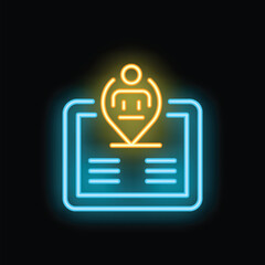 Poster - Glowing neon icon representing a location pin marking a person on a digital tablet, symbolizing online presence, digital identity, and the interconnected nature of the modern world