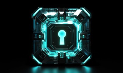 Poster - futuristic glowing lockbox with keyhole, illuminated by neon blue light, showcasing intricate techno