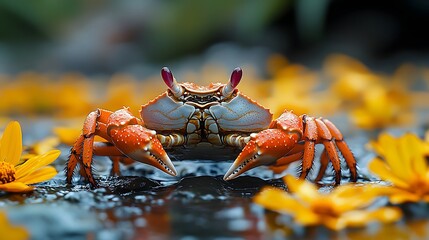 Poster - Striking image of a red crab captured in high resolution with intricate textures illuminated softly surrounded by a blurred grey backdrop and scattered yellow flower petals adding a whimsical touch