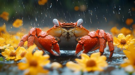 Poster - Striking image of a red crab captured in high resolution with intricate textures illuminated softly surrounded by a blurred grey backdrop and scattered yellow flower petals adding a whimsical touch