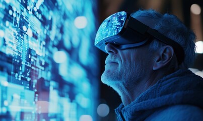 Poster - Elderly man experiencing virtual reality technology, immersed in digital world, futuristic interface, glowing data streams, modern innovation