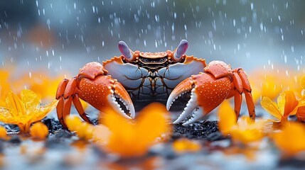 Poster - Striking image of a red crab captured in high resolution with intricate textures illuminated softly surrounded by a blurred grey backdrop and scattered yellow flower petals adding a whimsical touch