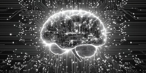 Poster - Artificial Intelligence Brain with Circuitry Design, Symbolizing Technology and Innovation in Modern Computing