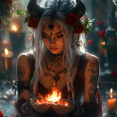 Fototapete - Striking individual with silver hair and dark horns surrounded by darkness conjuring a brilliant fire in hands with red roses in the hair and detailed tattoos on arms glowing in the warm light
