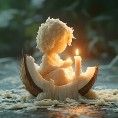 Poster - Stunning 3D rendered image of a vertically cut coconut where the milk forms a delicate woman figure holding a candle captured in closeup with dramatic lighting on a dark background