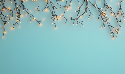 Poster - Twinkling fairy lights on branches against soft blue background, creating a warm and inviting atmosphere for festive occasions