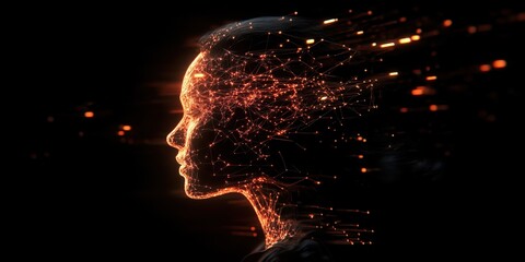  - Digital silhouette of woman with glowing neural network connections and particles, representing artificial intelligence and technology integration