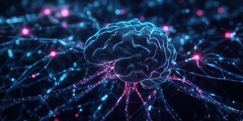  - Neural Network Visualization with Glowing Brain and Interconnected Nodes Representing Synapses and Neural Activity