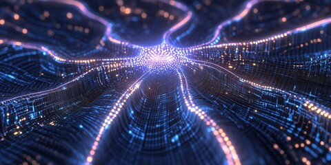 Poster - Abstract digital landscape with glowing lines and nodes, representing interconnected data streams and neural networks in a futuristic environment