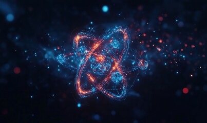 Poster - Atomic structure visualization with glowing particles, representing electrons orbiting nucleus, vibrant blue and orange colors, digital art