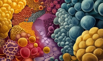 Poster - Colorful abstract representation of cellular structures and microorganisms showcasing vibrant textures and patterns