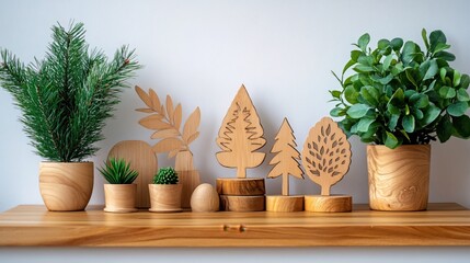 Poster - Wooden shelf with potted plants and decorative wooden trees against a white wall