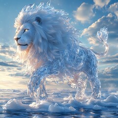 Fototapete - Stunning crystal lion with a shimmering gemstone mane strides across a dazzling tundra of ice shards beneath a sky of fractal snowflakes and geometric clouds illuminated by a frozen sun