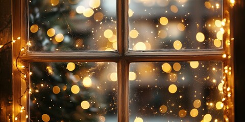 Wall Mural - Warm glowing bokeh lights through window, festive atmosphere, holiday season, cozy indoor view, blurred background, soft focus, winter ambiance