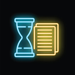 Poster - Neon style icon showing an hourglass with sand flowing through it, next to a stack of papers, illustrating the concept of a deadline
