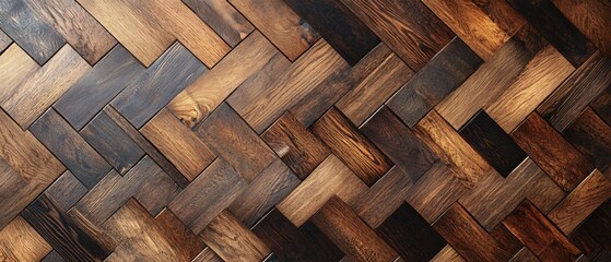 Aufkleber - Herringbone pattern of wooden planks in various shades of brown creating a rich texture
