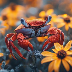 Poster - Stunning detailed image of a red crab captured in high resolution focusing on its textured shell and legs illuminated softly surrounded by blurred grey and playful yellow flower petals