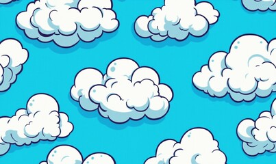 Poster - Cartoon-style fluffy clouds on bright blue background, whimsical and playful design, perfect for children's themes and creative projects