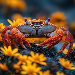 Poster - Stunning detailed image of a red crab captured in high resolution focusing on its textured shell and legs illuminated softly surrounded by blurred grey and playful yellow flower petals