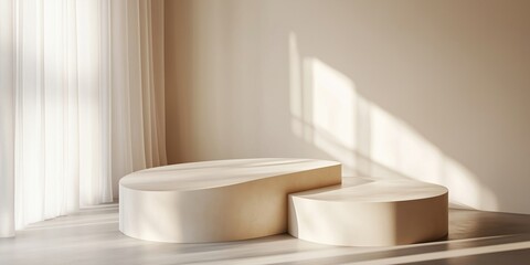 Poster - Minimalist sculptural furniture pieces in soft beige tones, natural light casting shadows, elegant interior design, modern aesthetic