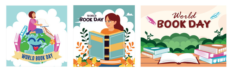 Wall Mural - Celebratory illustrations for World Book Day featuring books and readers.