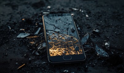 Poster - Shattered smartphone screen reflecting light amidst broken glass shards, showcasing damage and fragility of modern technology