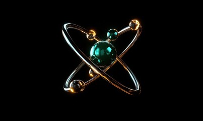 Poster - 3D Atom Model with Glowing Electrons and Central Nucleus in Dark Background