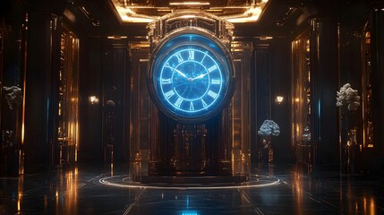 Fototapete - Stunning grandfather clock of reflective materials stands in a modern space The clock's holographic display shows shifting neonblue numbers while an energy pendulum emits a gentle hum as it swings