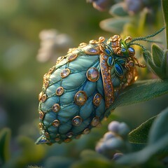 Wall Mural - Stunning hyperrealistic macro shot of a beautiful female fairy in her larval stage delicately emerging from a dazzling blue cocoon adorned with jewels set against a soft blurred natural background