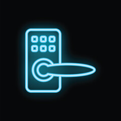 Poster - Blue neon icon of a door handle with electronic lock glowing on a black background