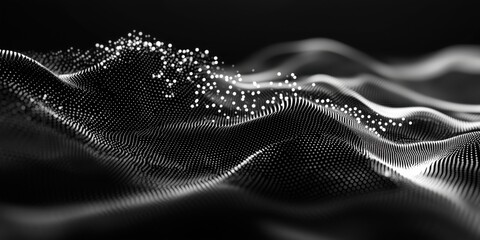 Poster - Abstract black and white wave patterns with dots creating a 3D landscape effect