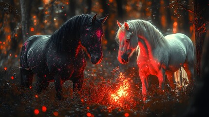 Poster - Stunning photorealistic scene featuring a black stallion with fluorescent war paint glowing in the dark next to a white stallion set in a dimly lit woods with shadows from a small fire
