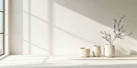 Poster - Minimalist interior design with vases and natural light casting shadows