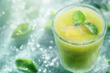 Refreshing green smoothie with mint, ice, summer background