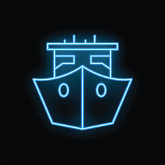 Poster - Bright blue neon sign of a cargo ship sailing on a black background