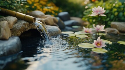 Wall Mural - Serene garden pond with bamboo water feature, pink lilies, and lush foliage