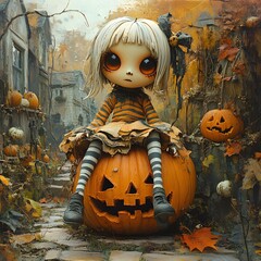 Fototapete - Stylized character with hollow eyes sits on a textured pumpkin in a whimsical Halloween scene Its highheeled boots and striped outfit contrast beautifully with the surrounding autumn colors