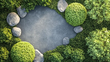 Poster - Stone path surrounded by green plants and rocks from above creating a natural scene
