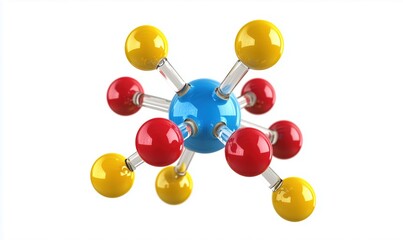 Poster - Colorful molecular structure with blue central atom and red, yellow, and transparent atoms, representing chemical bonding and molecular geometry