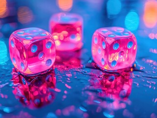 Poster - Three pink dice on a reflective surface with colorful bokeh lights in the background