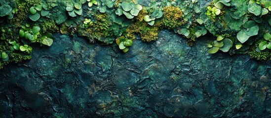 Aufkleber - Lush green foliage with textured background of dark moss and water surface detailing Copy Space