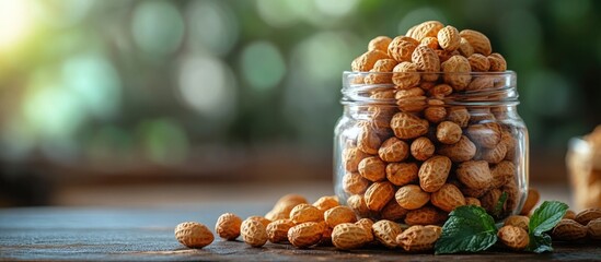 Poster - Assorted almonds and nuts in glass jar on wooden table with green blurred background Copy Space